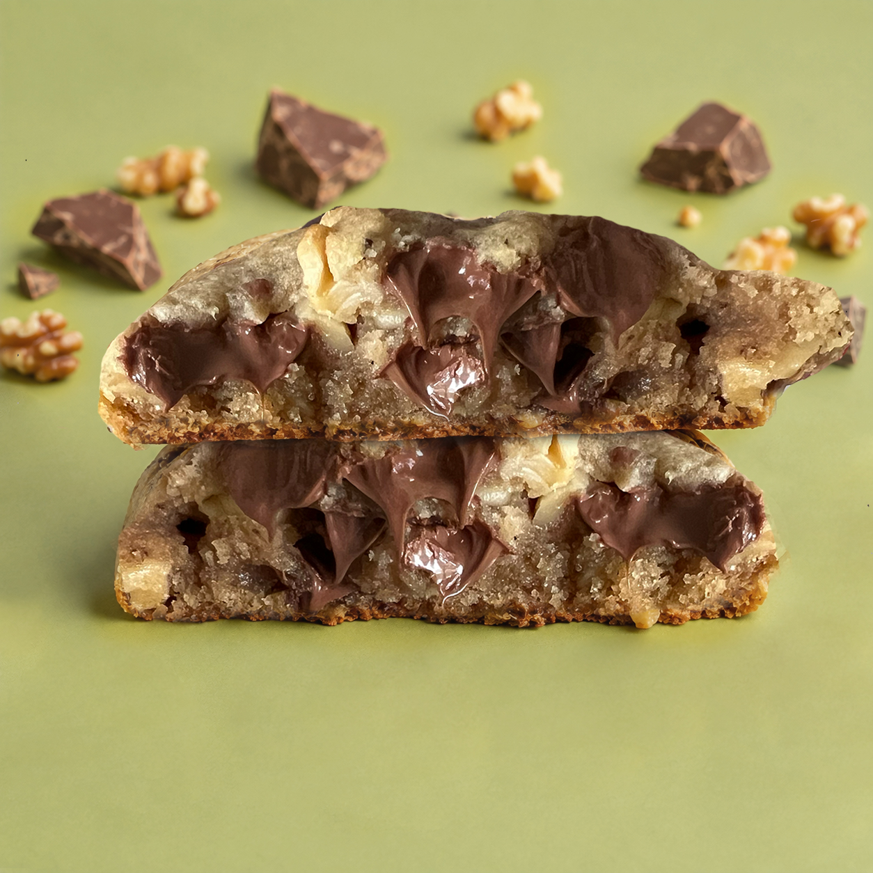 The Wally-Chocolate Chunk Walnut Crunch cookie split in half