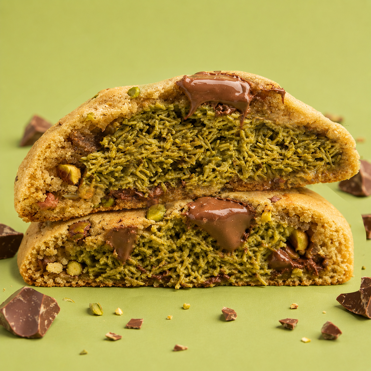 Dubai Chocolate cookie split in half
