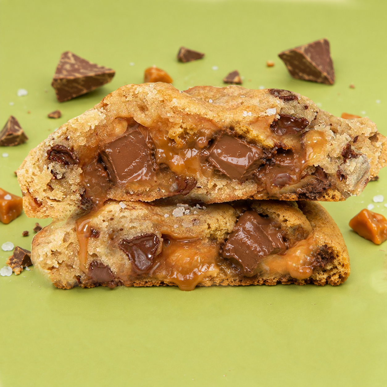 The Salty — Sea Salt Caramel Chocolate Chip cookie split in half