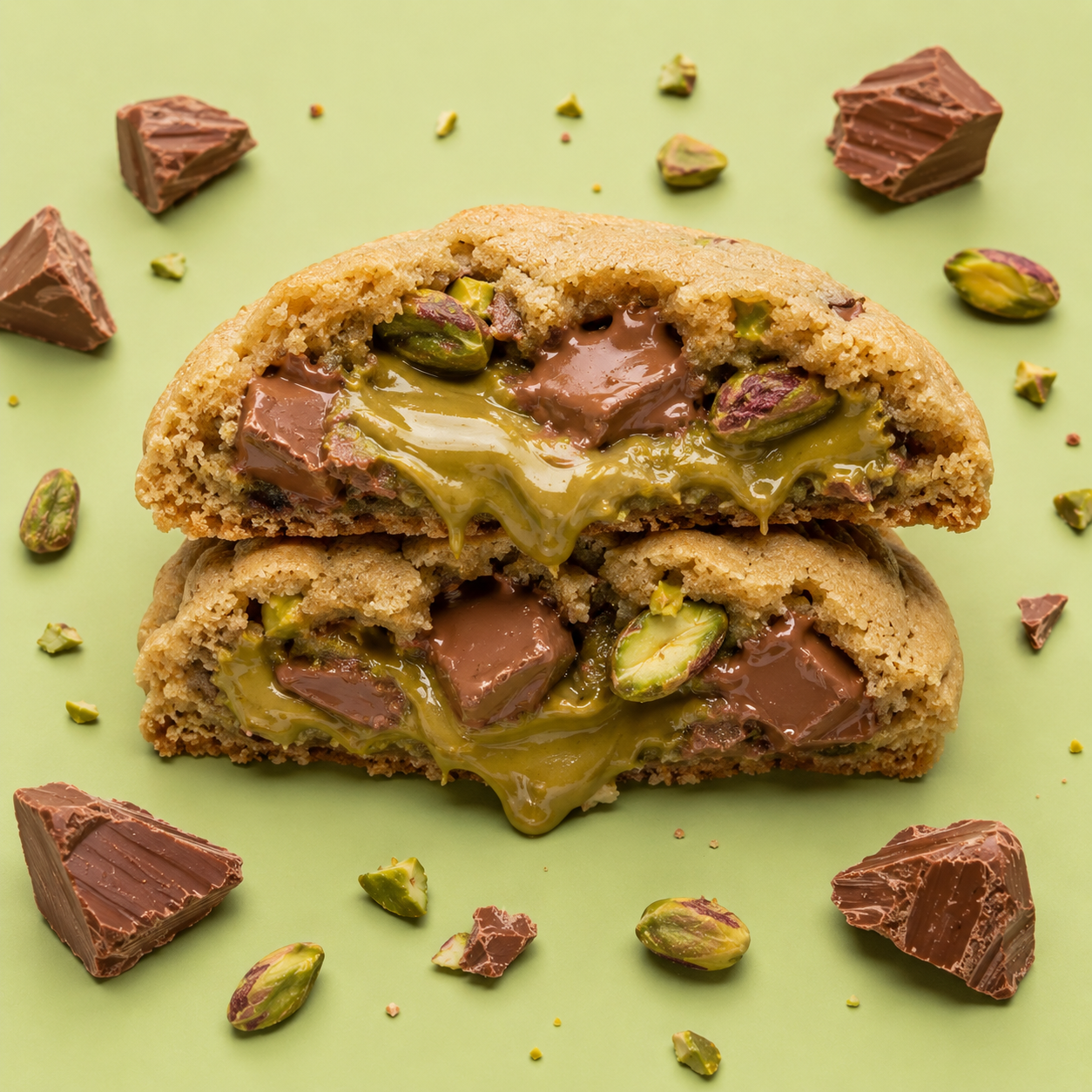 Pistachio Choc Chunk cookie split in half
