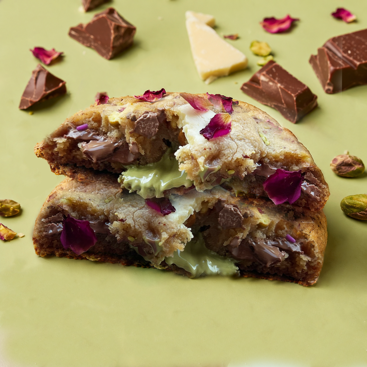 The Romeo- Chocolate Chunk Pistachio Rose cookie split in half