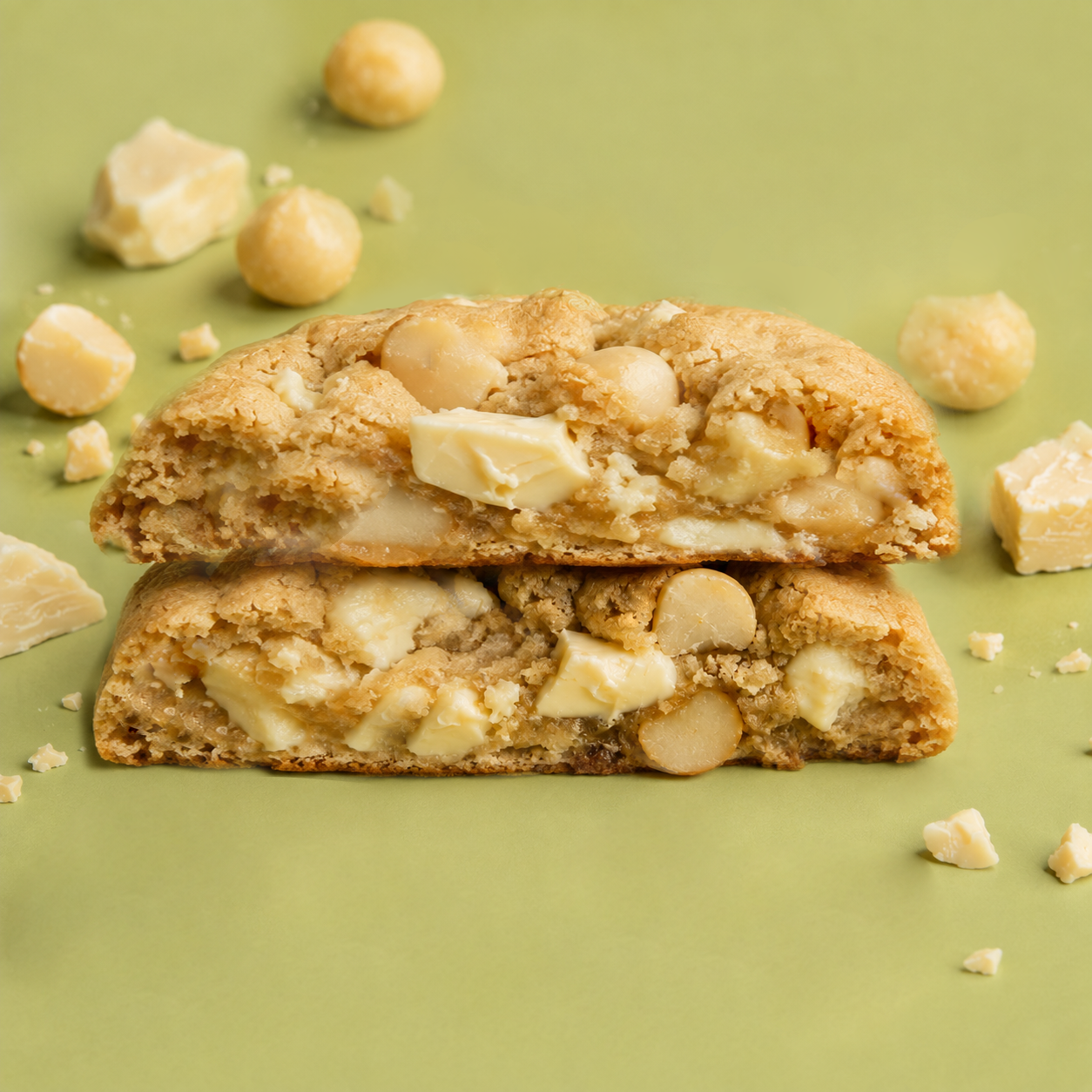 Macadamia Nut White Choc Chunk cookie split in half